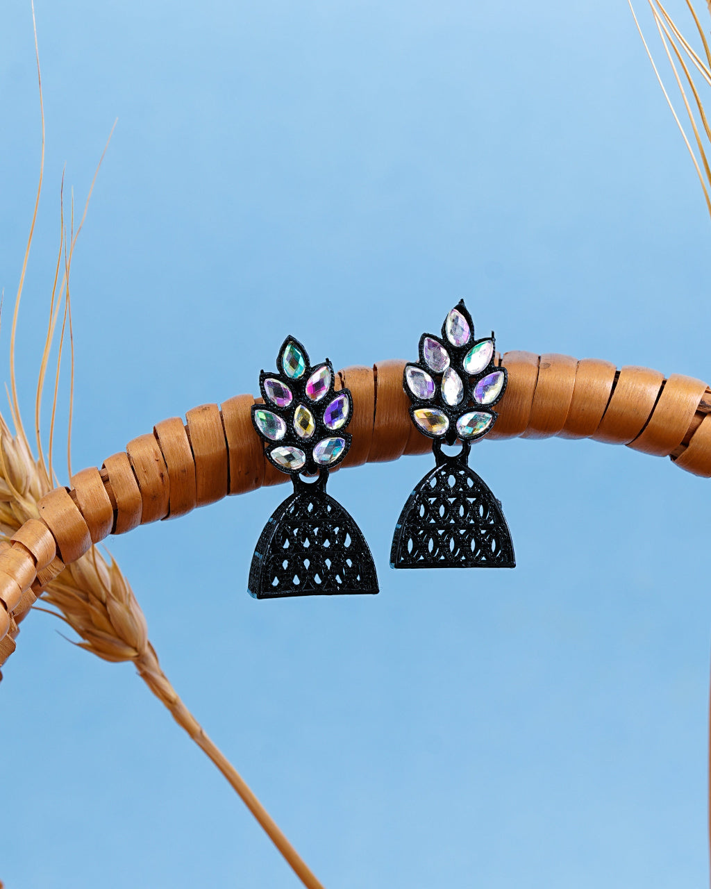 Black Glossy Jhumka Earrings with Iridescent Leaf Stones