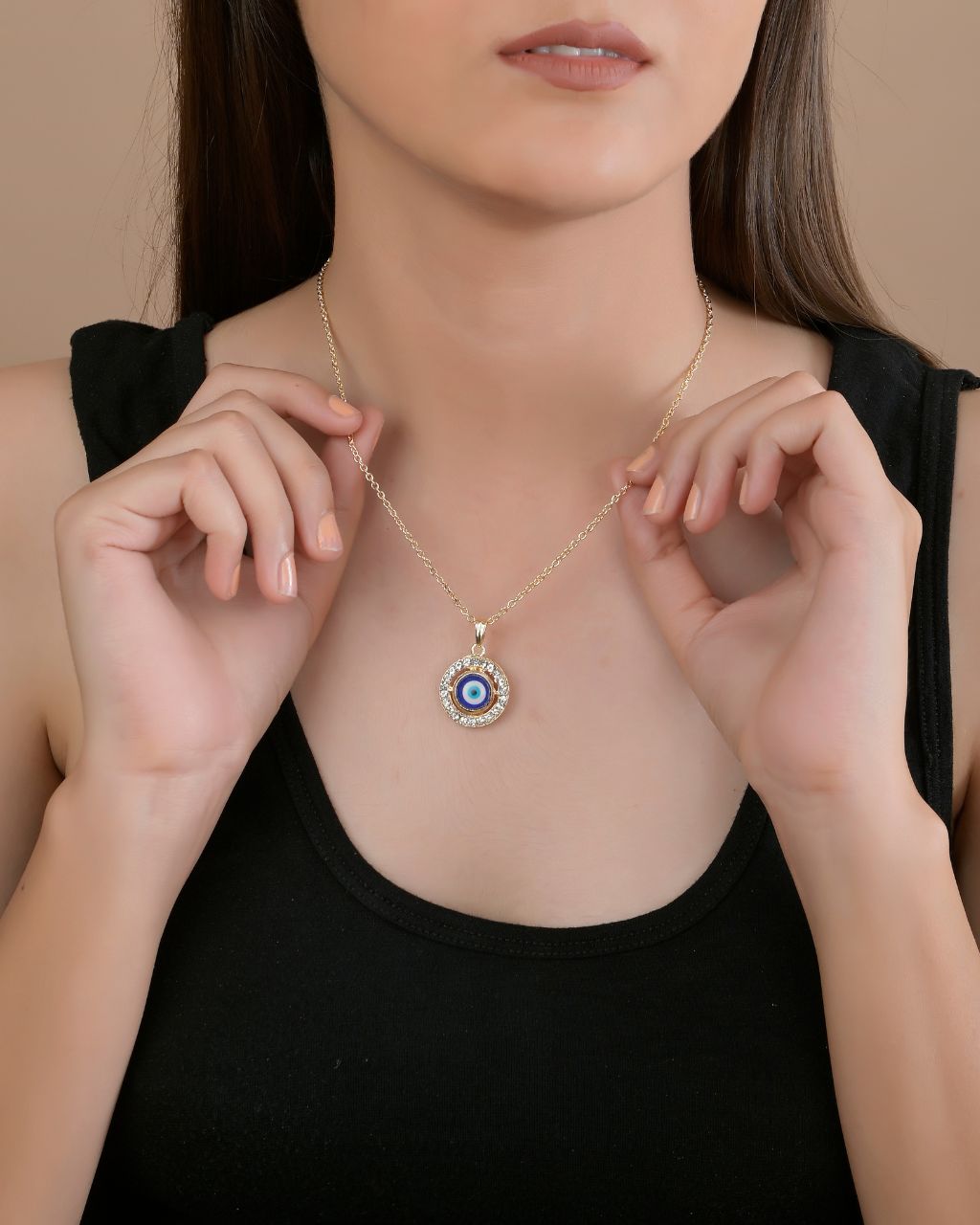 Gold Plated Evil Eye Pendant Necklace with CZ Accents