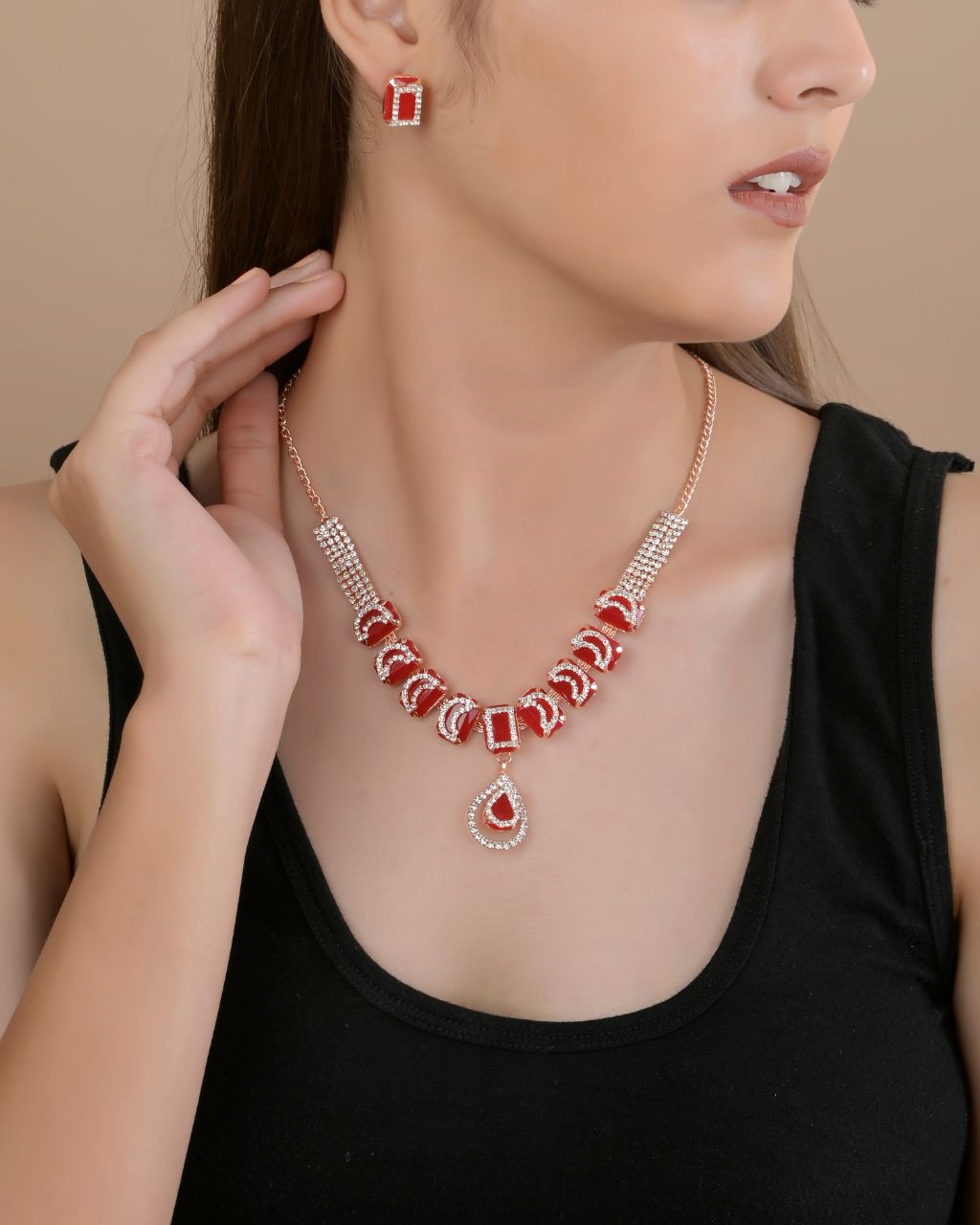 Red Kundan Stone Necklace Set with Earrings