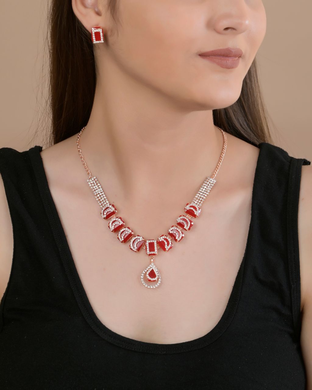 Red Kundan Stone Necklace Set with Earrings
