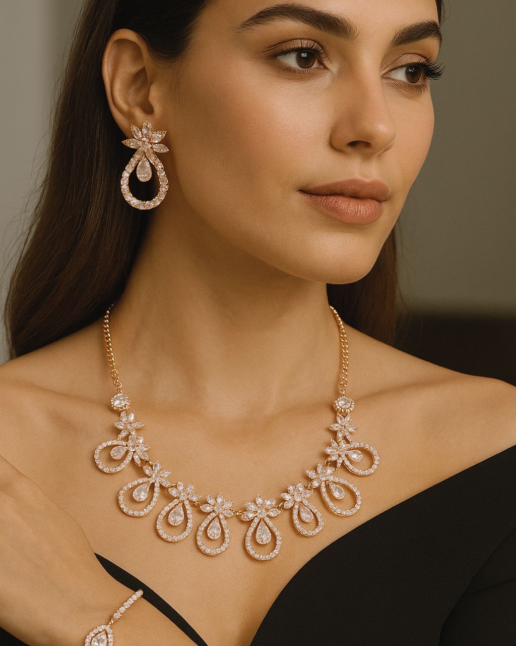 White Crystal Floral Necklace Set with Earrings & Maang Tikka