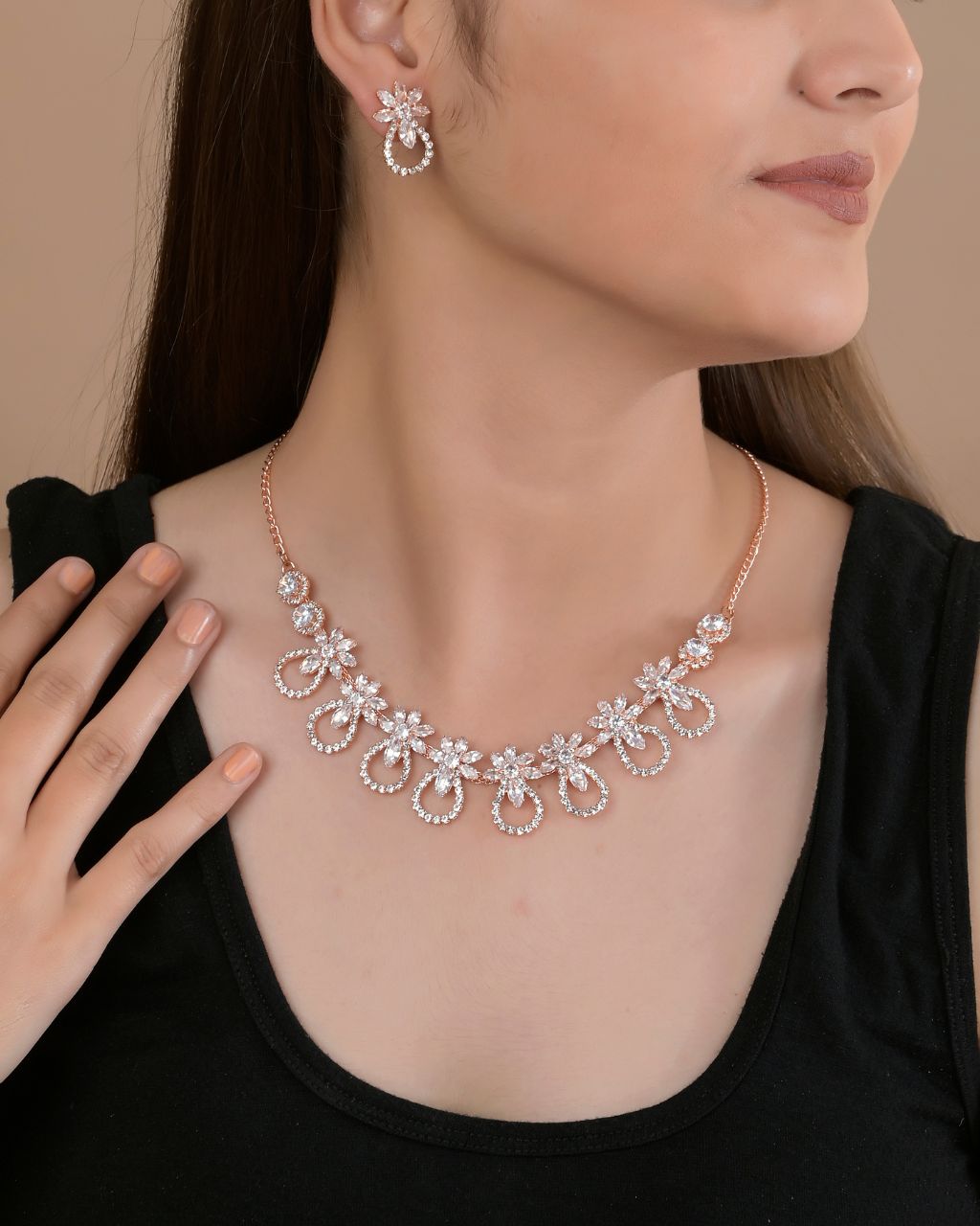 White Crystal Floral Necklace Set with Earrings & Maang Tikka