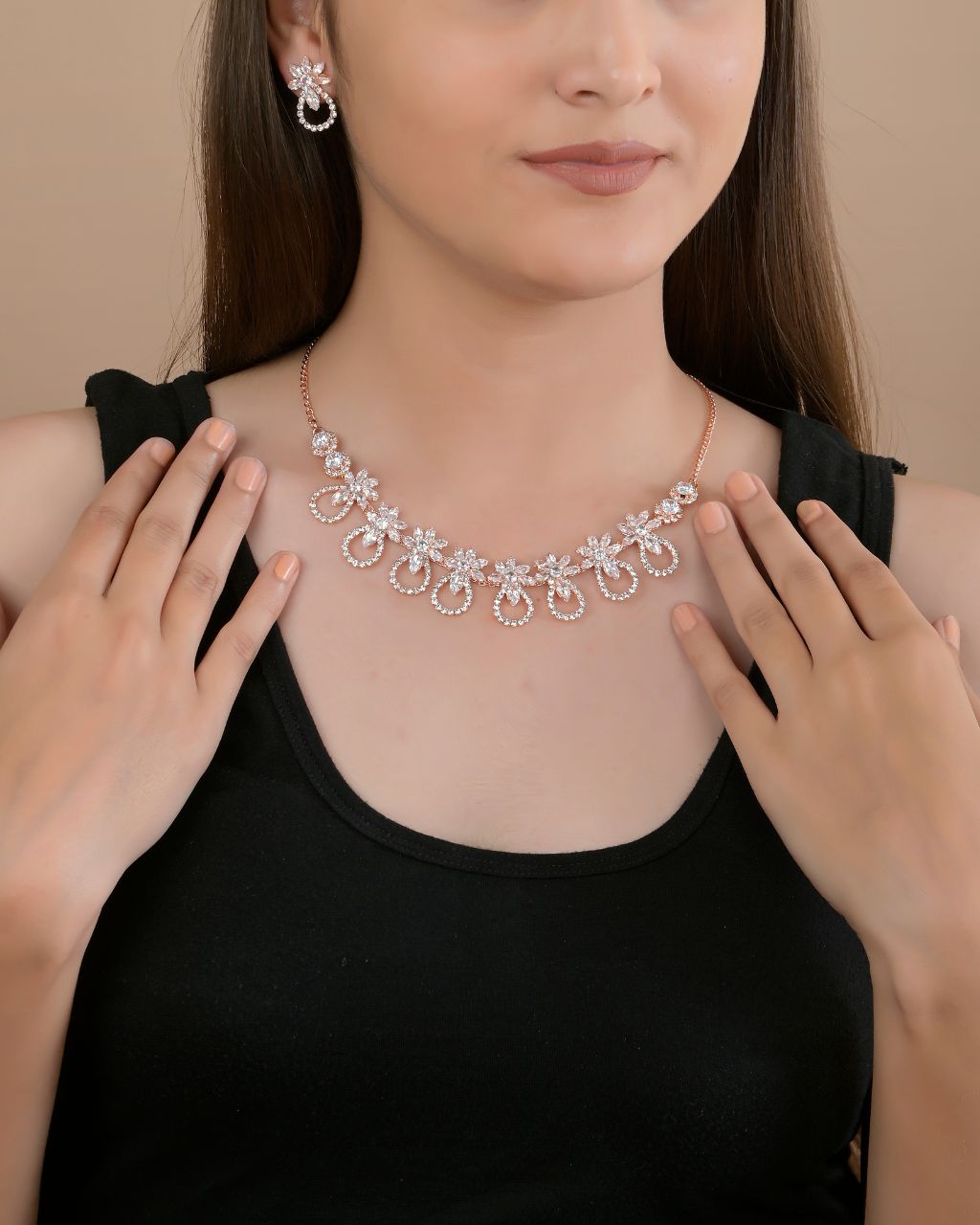 White Crystal Floral Necklace Set with Earrings & Maang Tikka