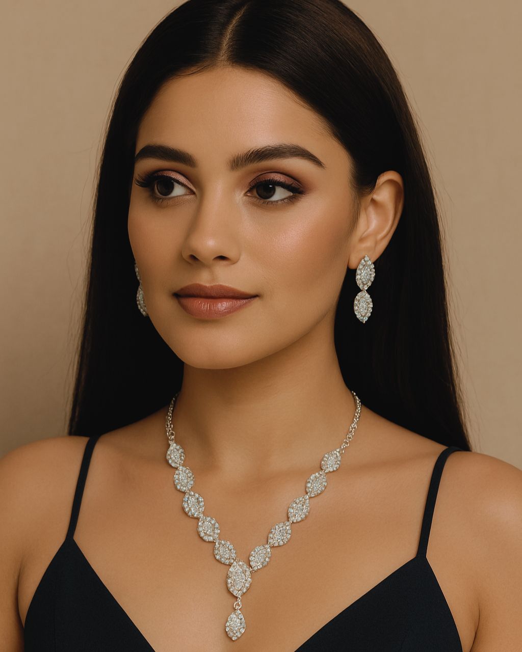 Silver Diamond Leaf Necklace Set with Earrings – Rahika Trends