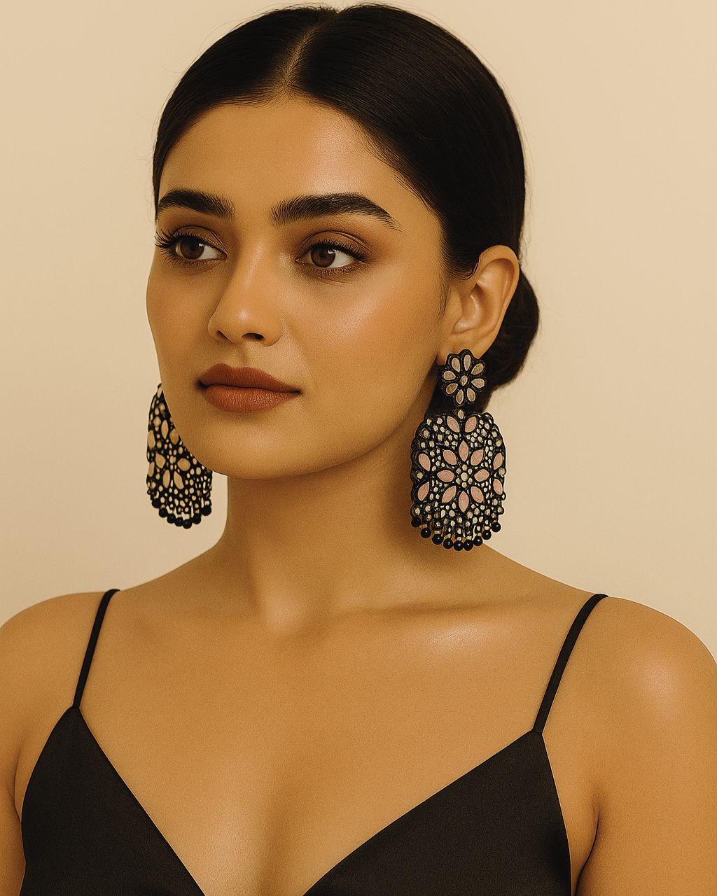 Black Floral Statement Earrings with Pink & Crystal Stones – Rahika Trends