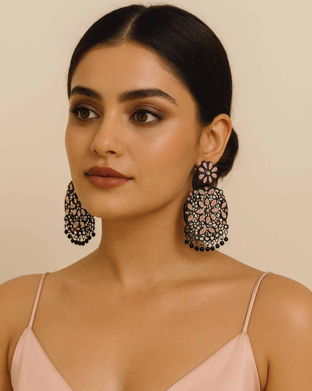 Black Floral Statement Earrings with Pink & Crystal Stones – Rahika Trends