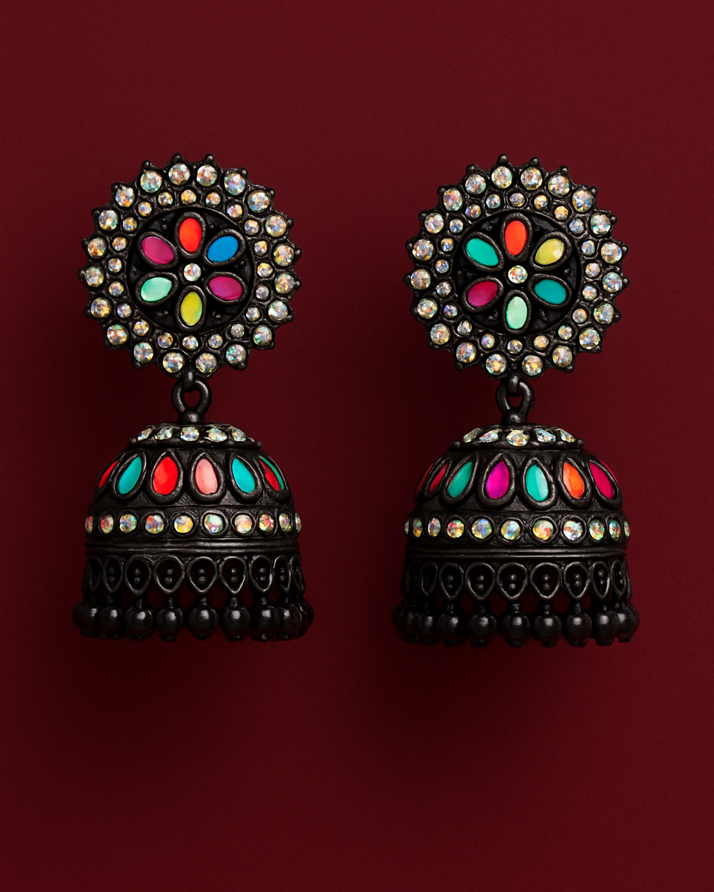 Multicolor Stone Black Jhumka Earrings