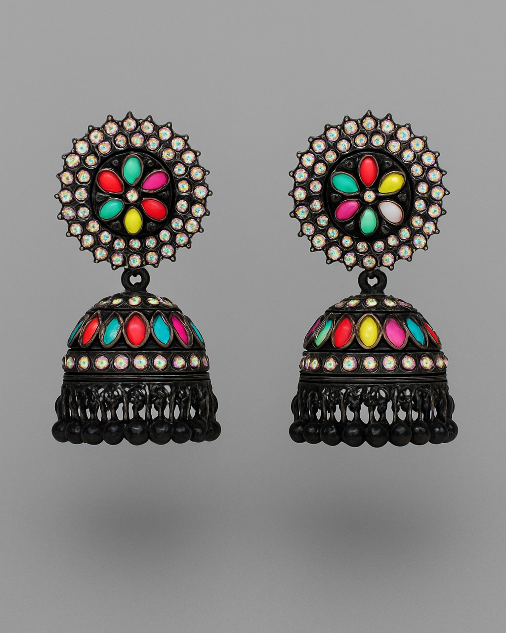 Multicolor Stone Black Jhumka Earrings