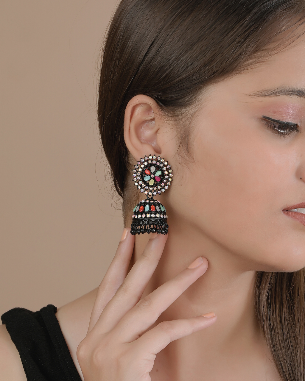 Multicolor Stone Black Jhumka Earrings