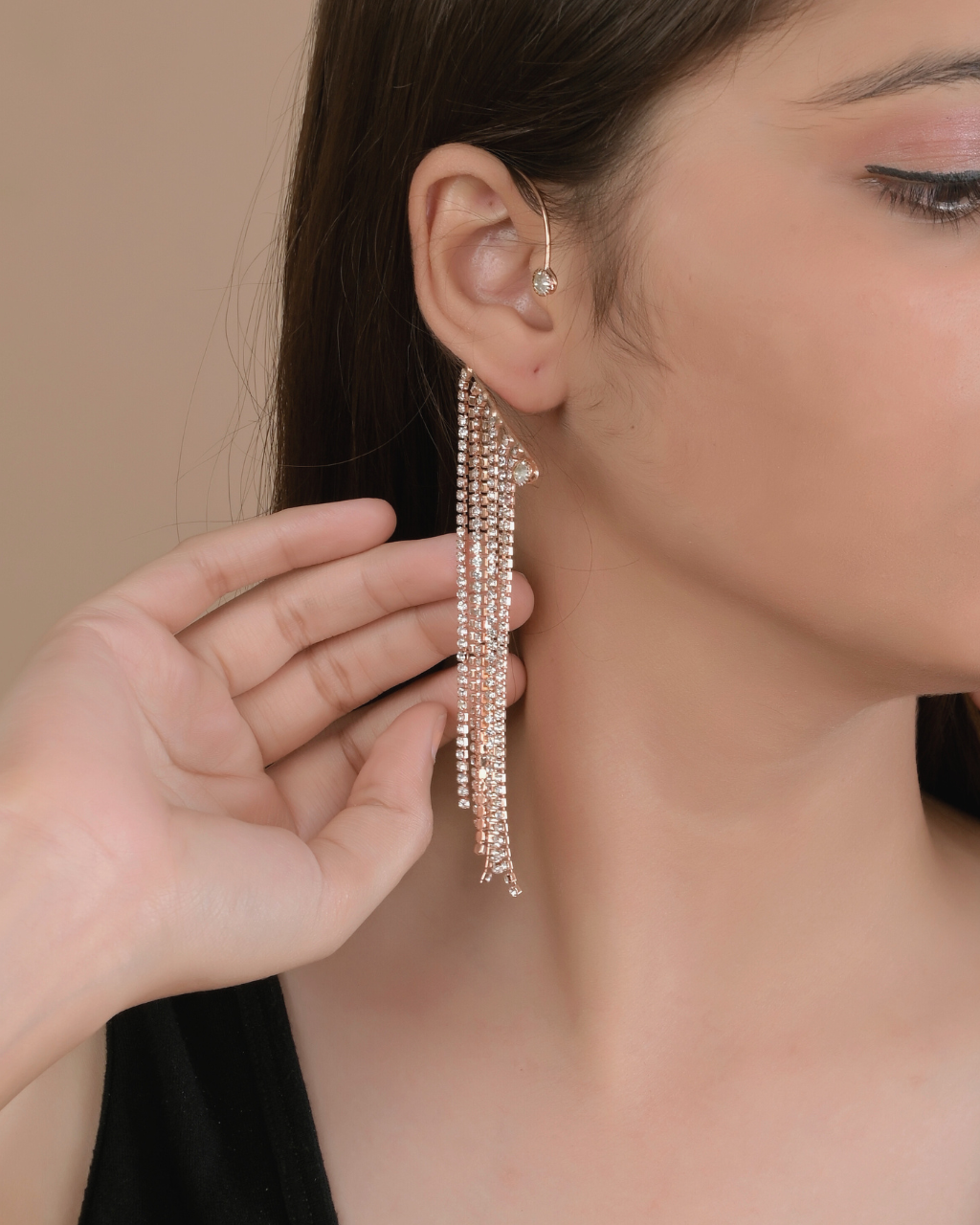 Crystal Chain Tassel Ear Cuff Earrings (Pair)