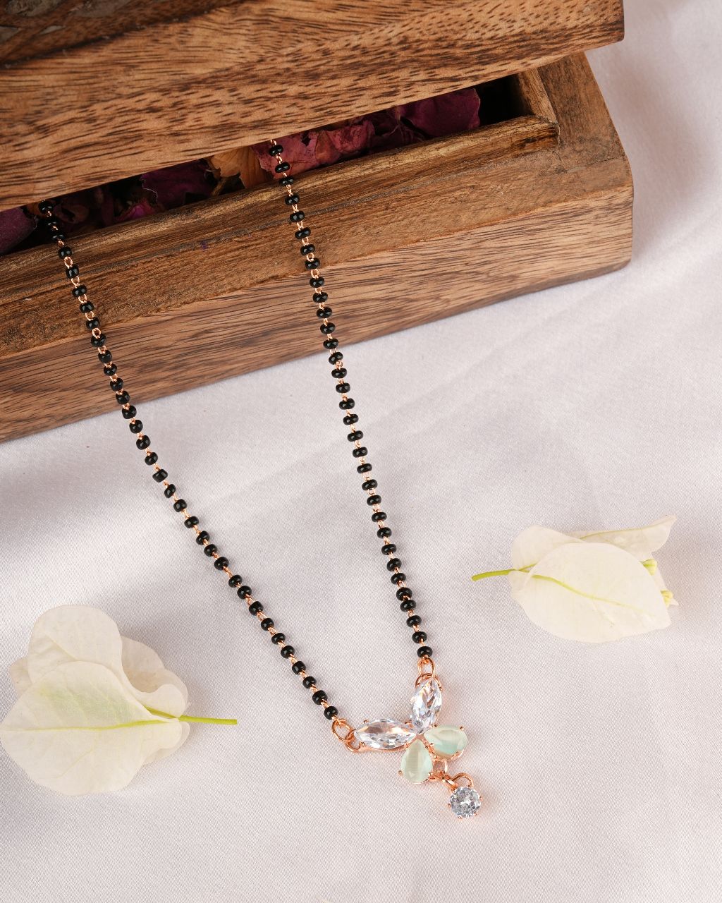 Rose Gold-Plated Butterfly Pendant Mangalsutra with Black Bead Chain