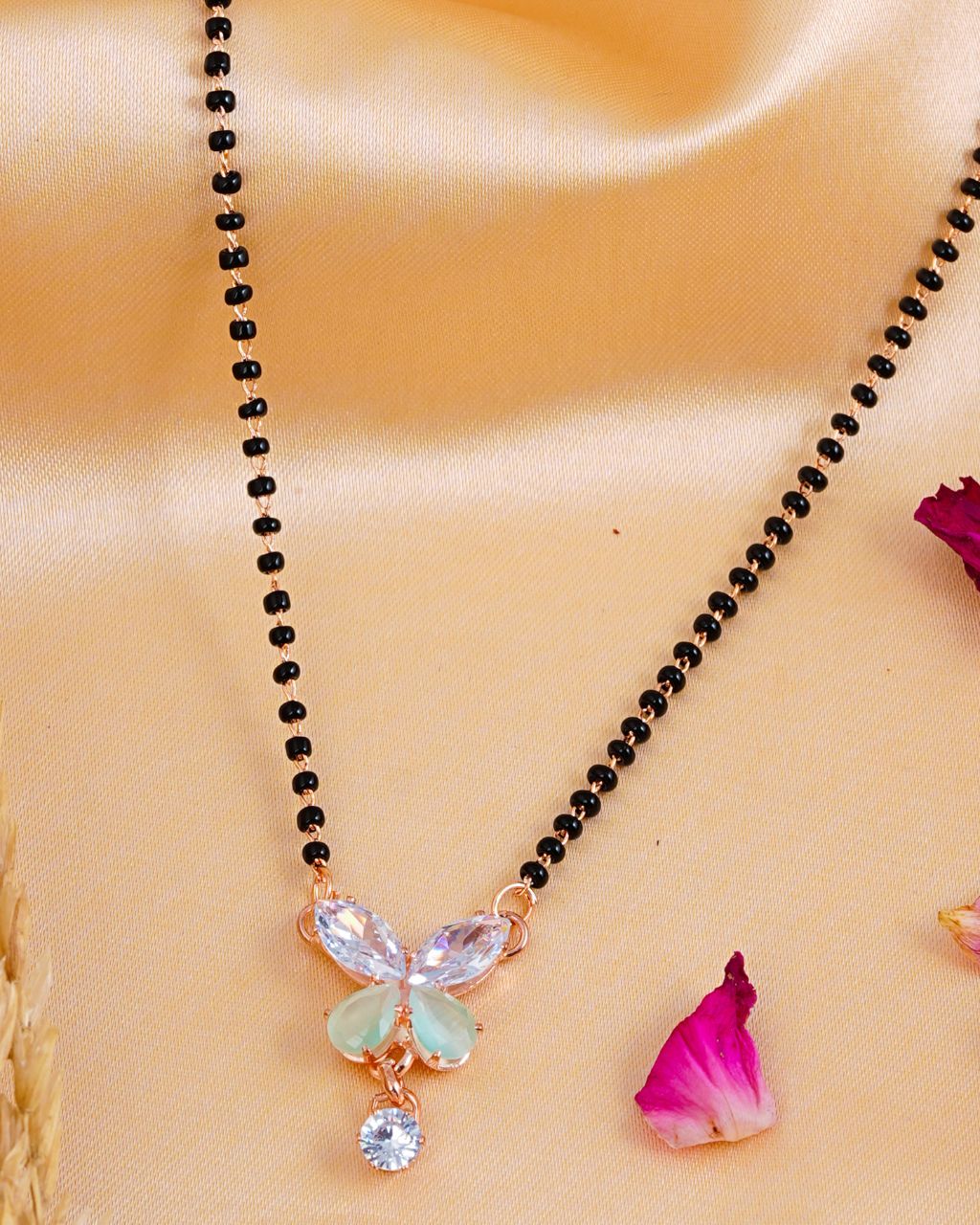 Rose Gold-Plated Butterfly Pendant Mangalsutra with Black Bead Chain
