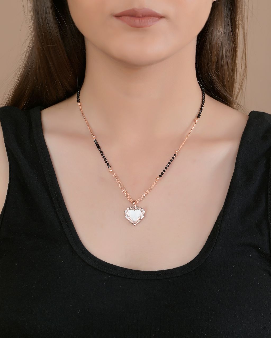 Rose Gold Heart Mangalsutra with Black Beads – Rahika Trends