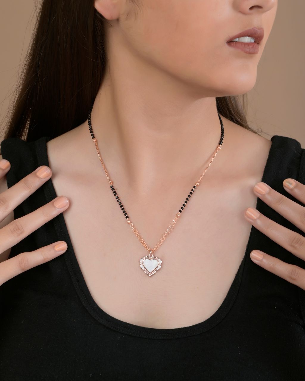 Rose Gold Heart Mangalsutra with Black Beads – Rahika Trends