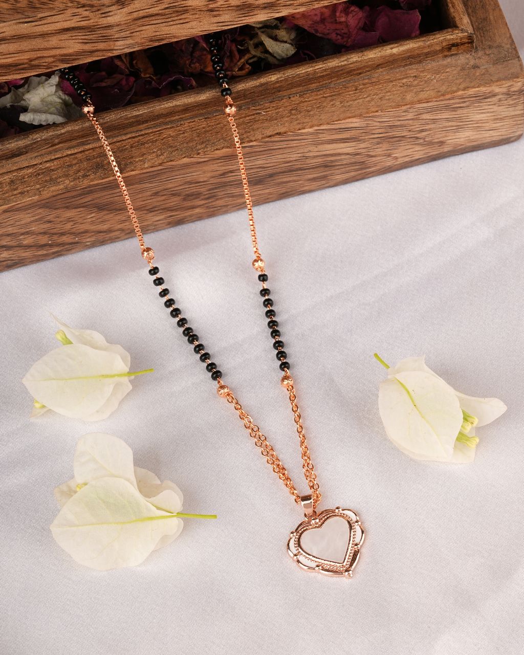 Rose Gold Heart Mangalsutra with Black Beads – Rahika Trends
