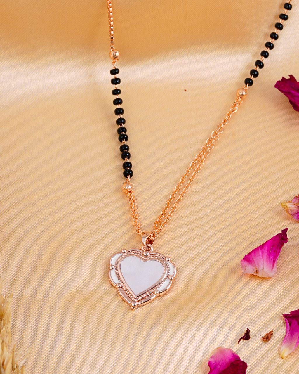 Rose Gold Heart Mangalsutra with Black Beads – Rahika Trends