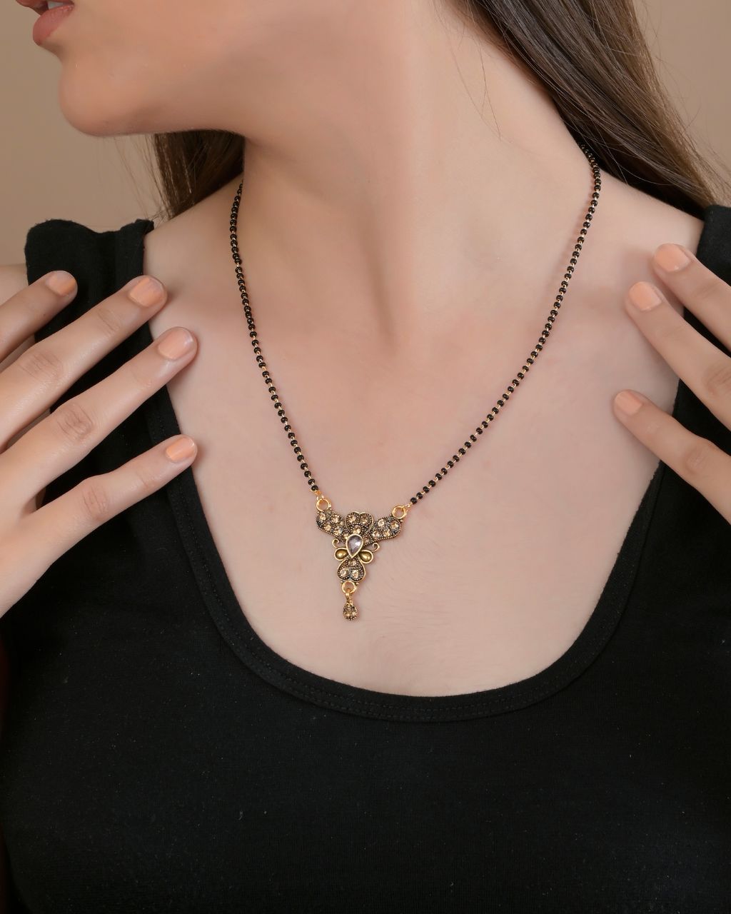 Antique Gold Designer Mangalsutra with Black Beads – Rahika Trends
