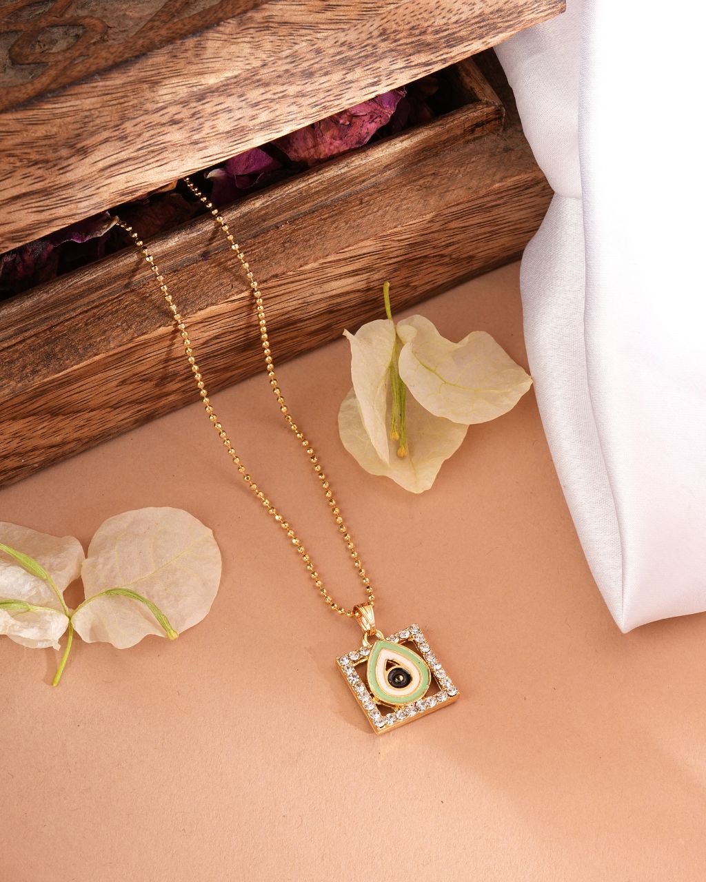 Gold-Toned Square Pendant Necklace with Teardrop Center