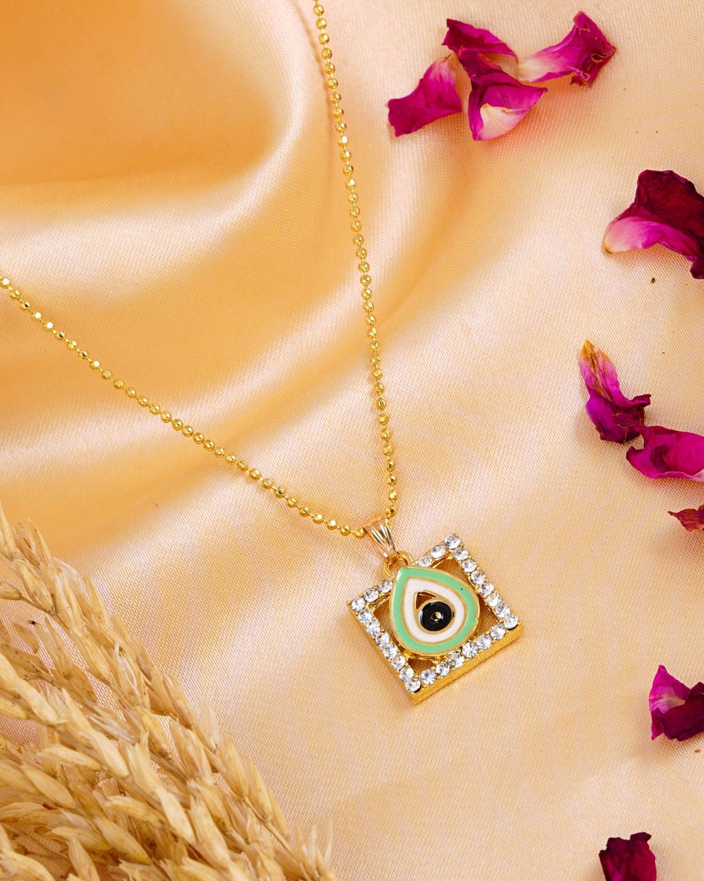 Gold-Toned Square Pendant Necklace with Teardrop Center