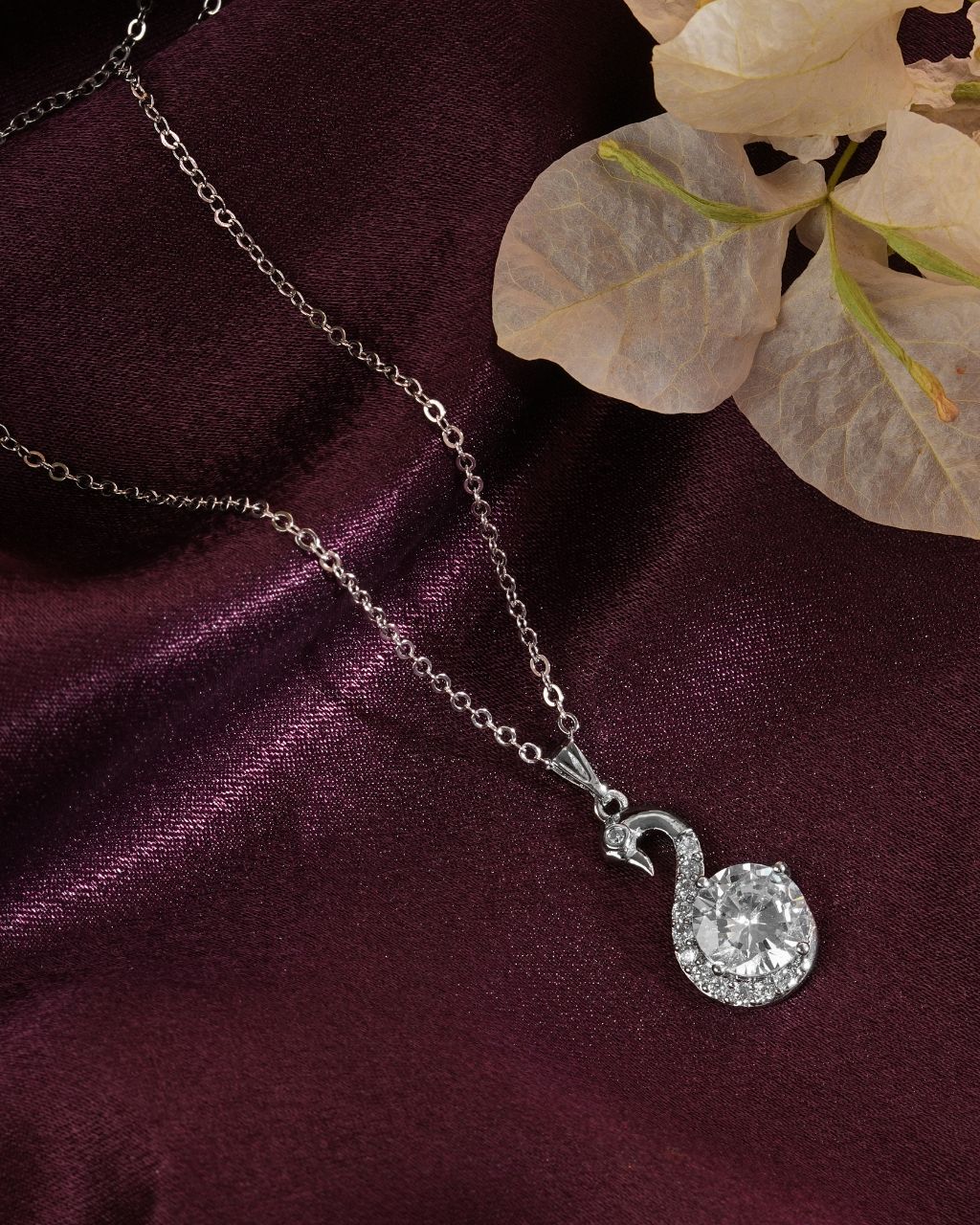 Silver Swan Pendant Necklace with Sparkling CZ Drop