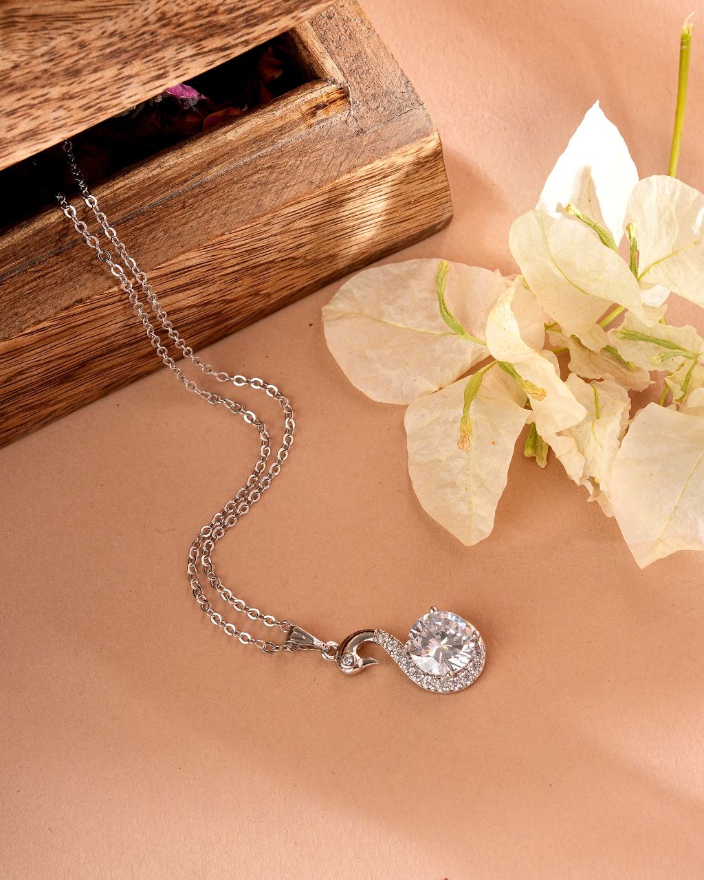 Silver Swan Pendant Necklace with Sparkling CZ Drop