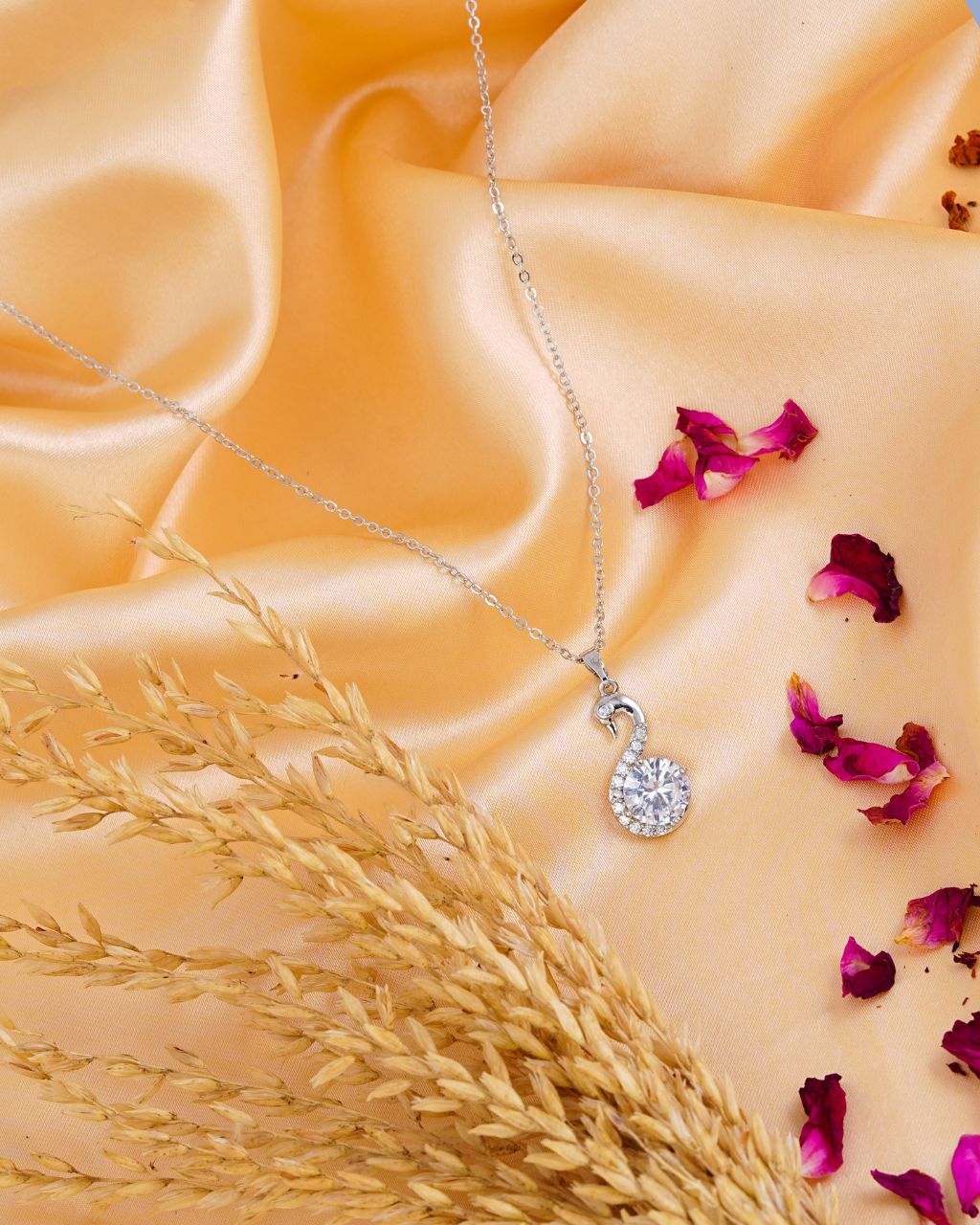Silver Swan Pendant Necklace with Sparkling CZ Drop