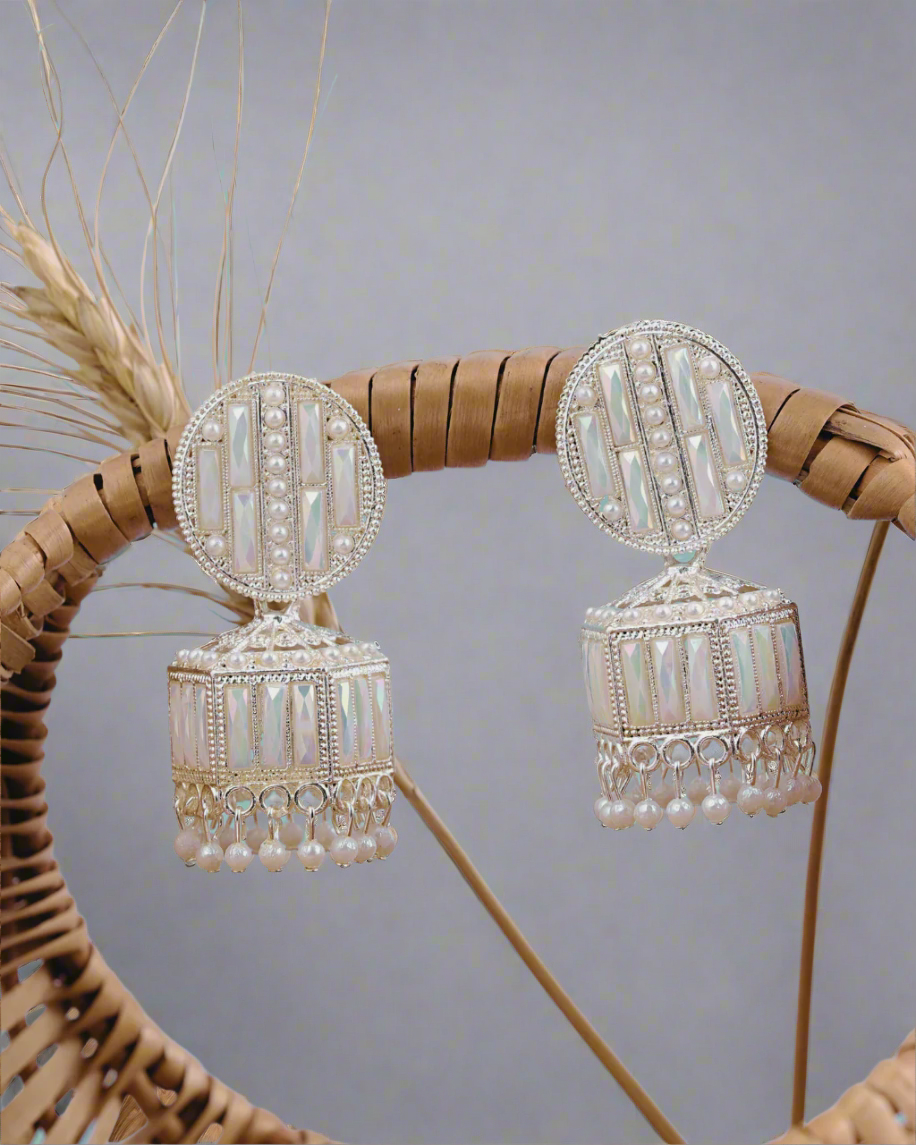White Mirror Pearl Dome Jhumka Earrings