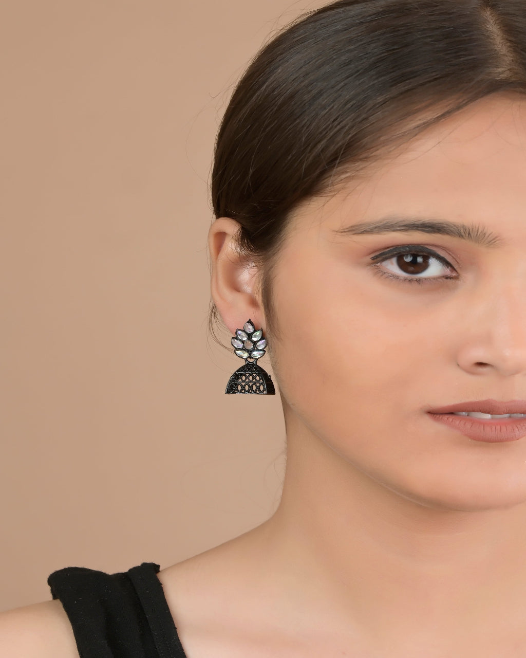 Black Glossy Jhumka Earrings with Iridescent Leaf Stones