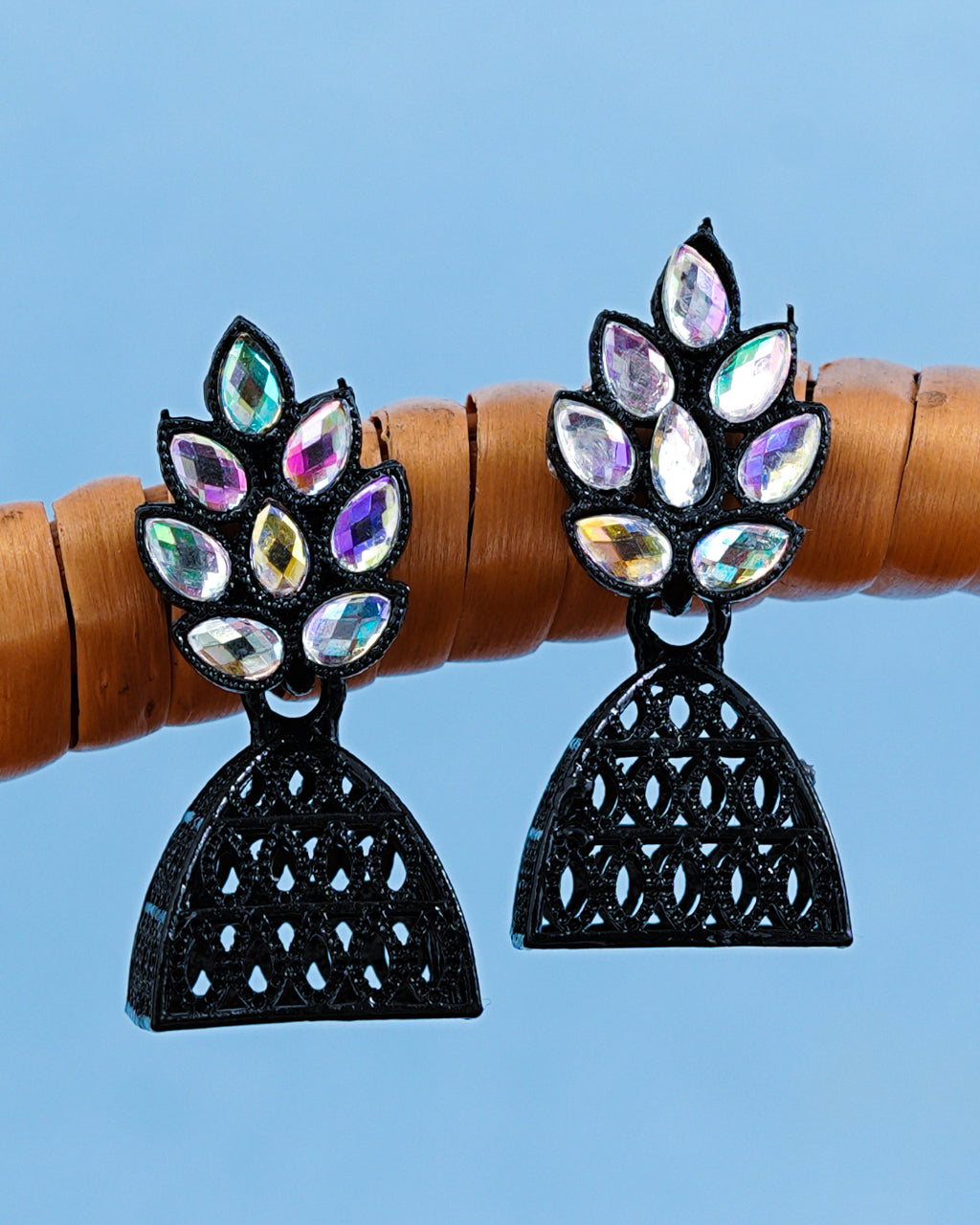 Black Glossy Jhumka Earrings with Iridescent Leaf Stones