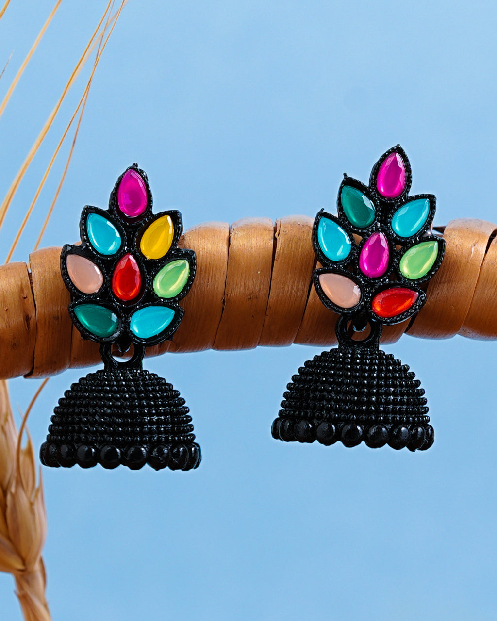 Bold Bloom Black Jhumka Earrings with Multicolor Leaf Stones
