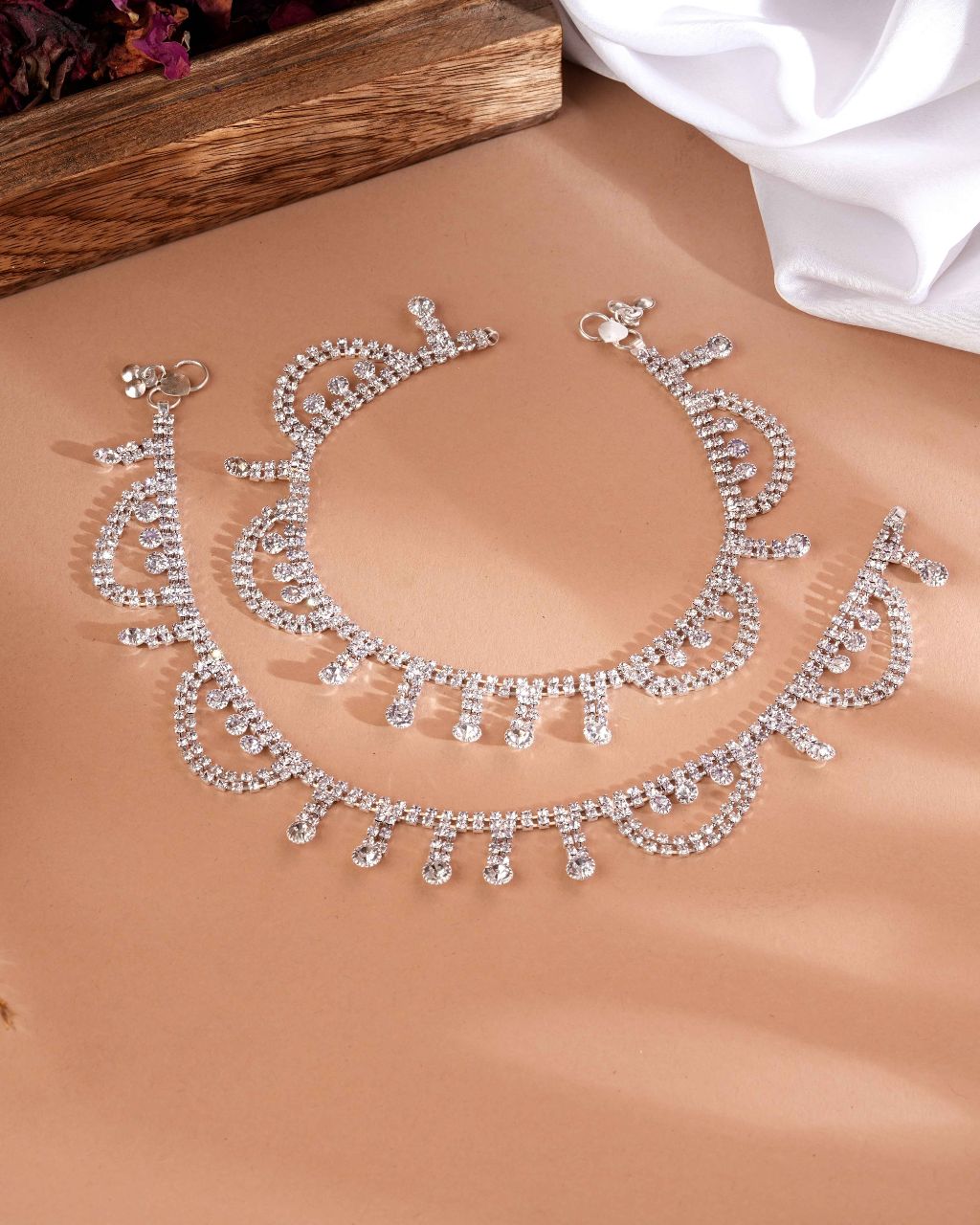Silver-Tone Stone-Studded Bridal Anklet Pair