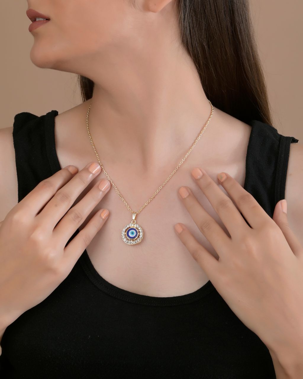Gold Plated Evil Eye Pendant Necklace with CZ Accents