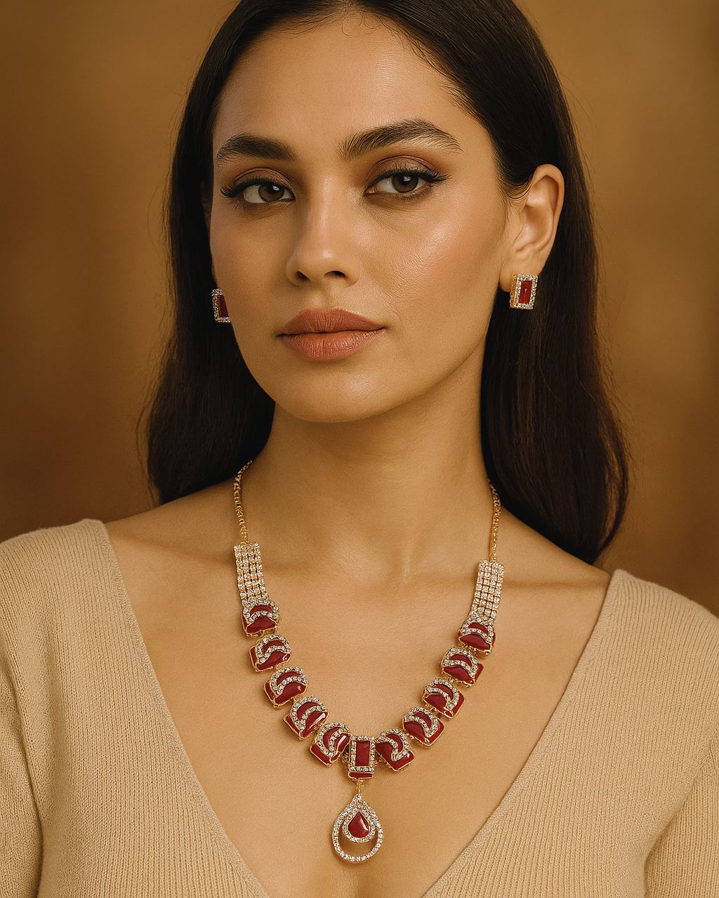 Red Kundan Stone Necklace Set with Earrings