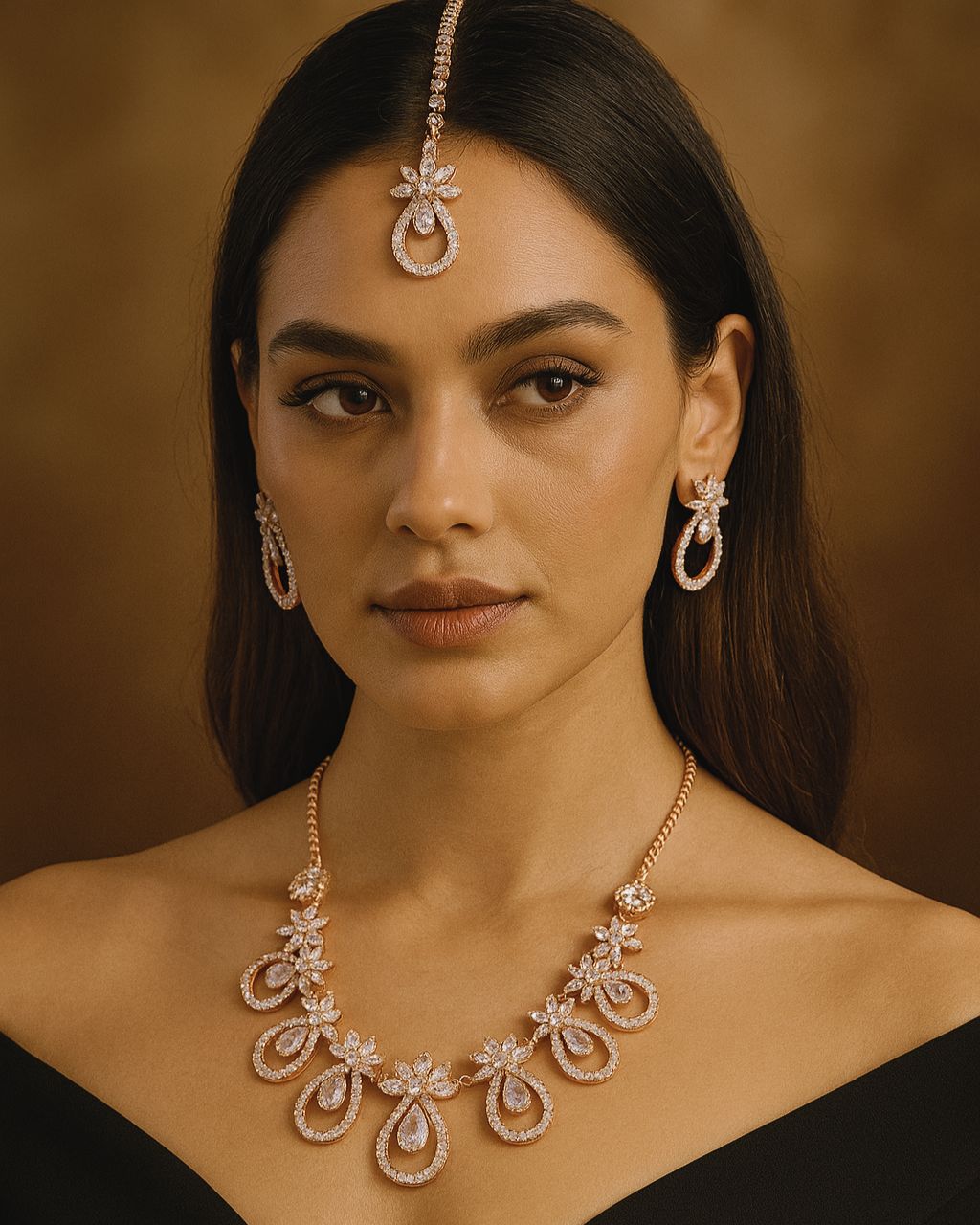 White Crystal Floral Necklace Set with Earrings & Maang Tikka
