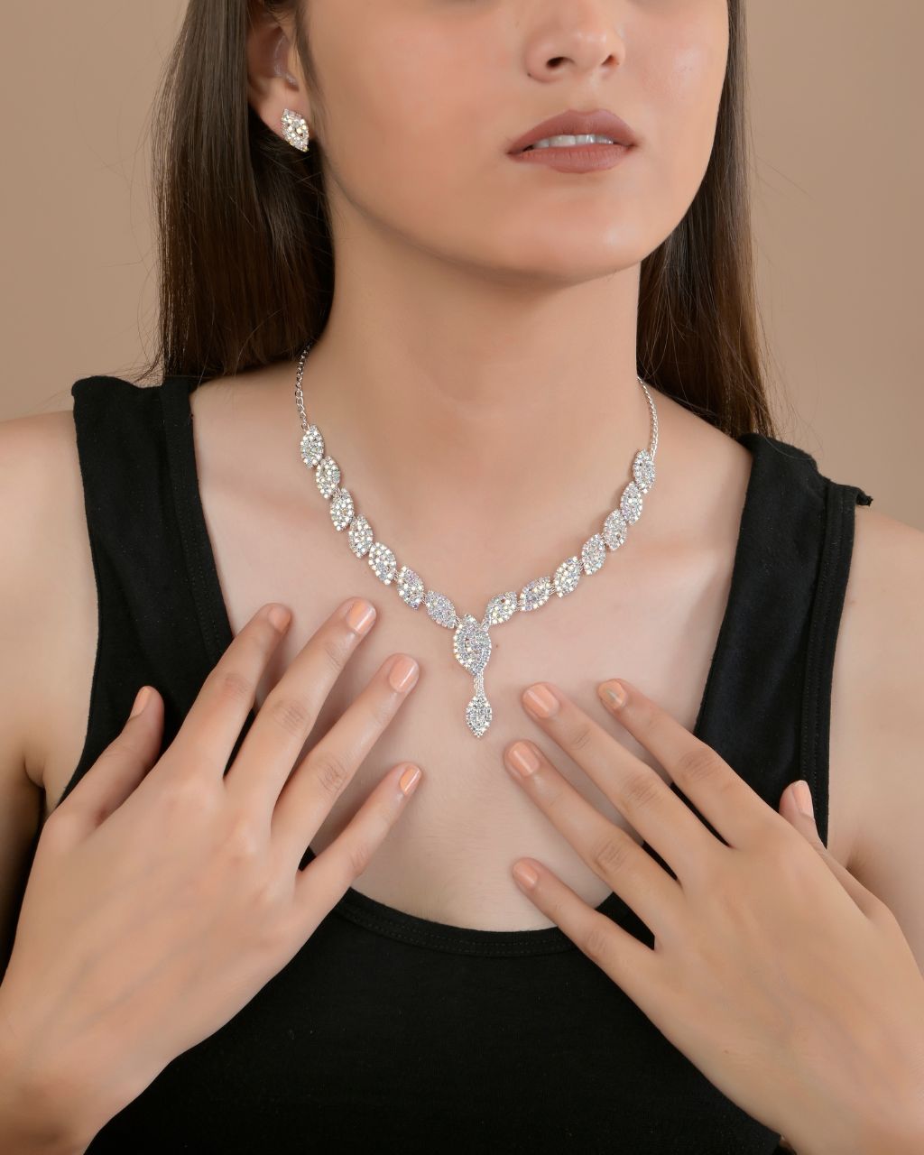 Silver Diamond Leaf Necklace Set with Earrings – Rahika Trends