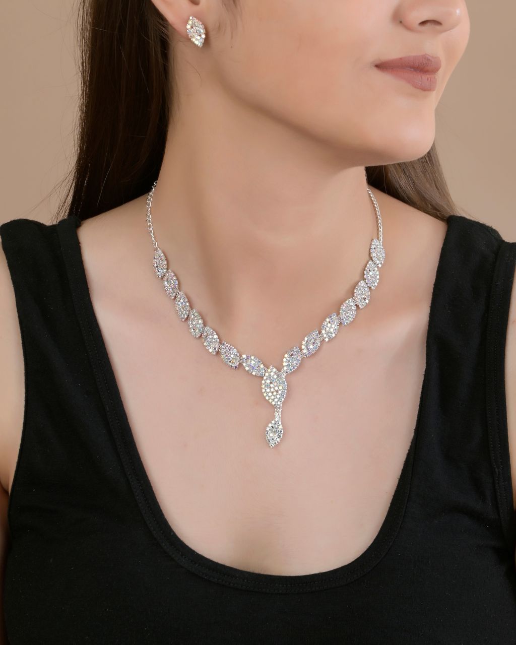 Silver Diamond Leaf Necklace Set with Earrings – Rahika Trends