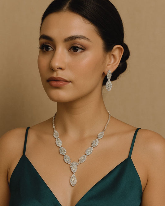 Silver Diamond Leaf Necklace Set with Earrings – Rahika Trends