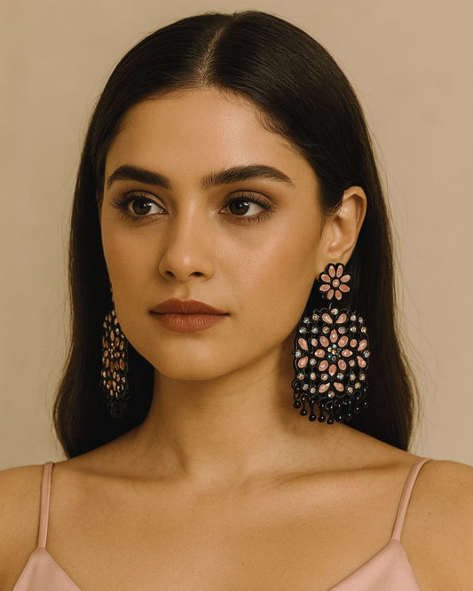 Black Floral Statement Earrings with Pink & Crystal Stones – Rahika Trends