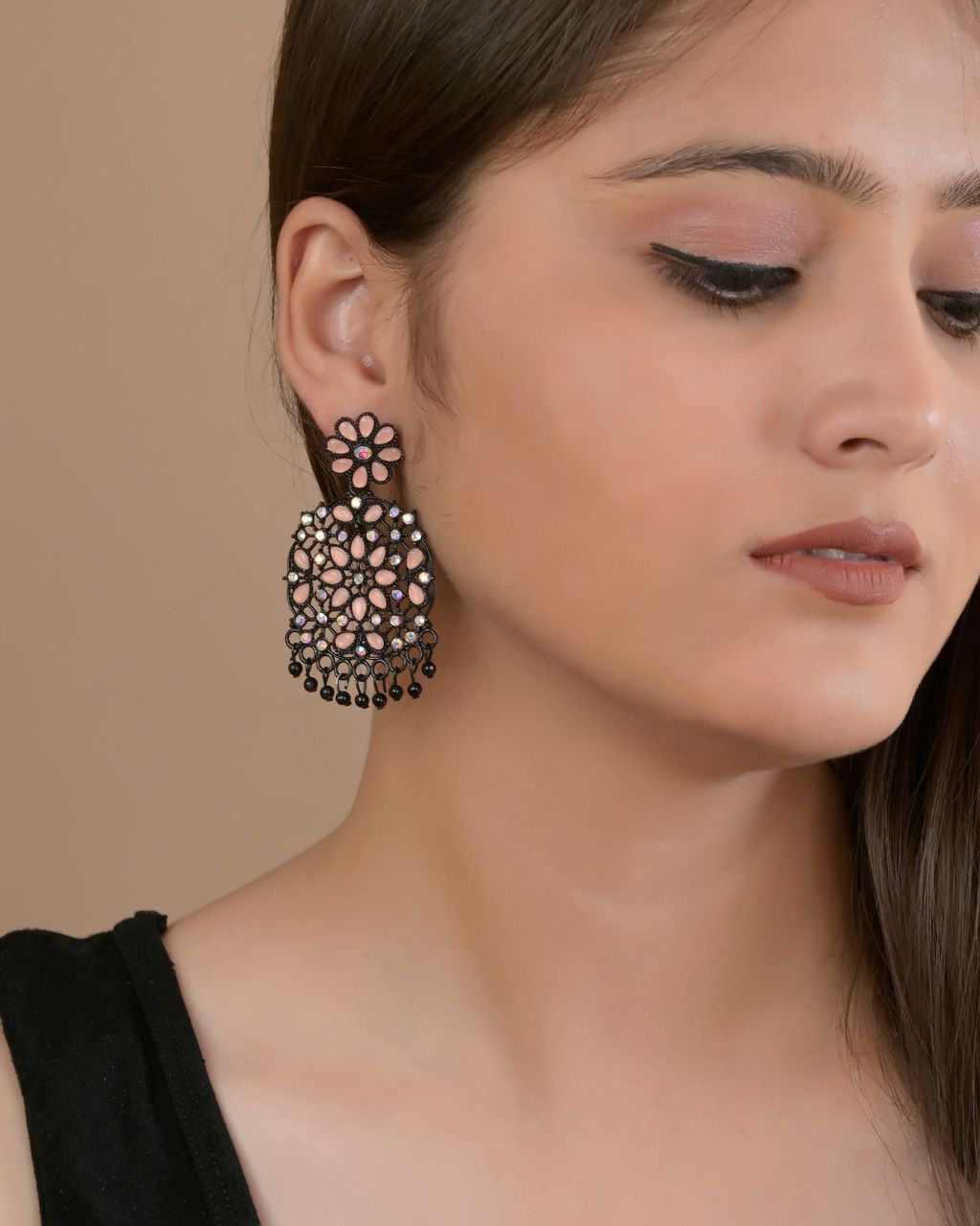 Black Floral Statement Earrings with Pink & Crystal Stones – Rahika Trends