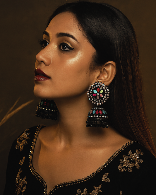 Multicolor Stone Black Jhumka Earrings