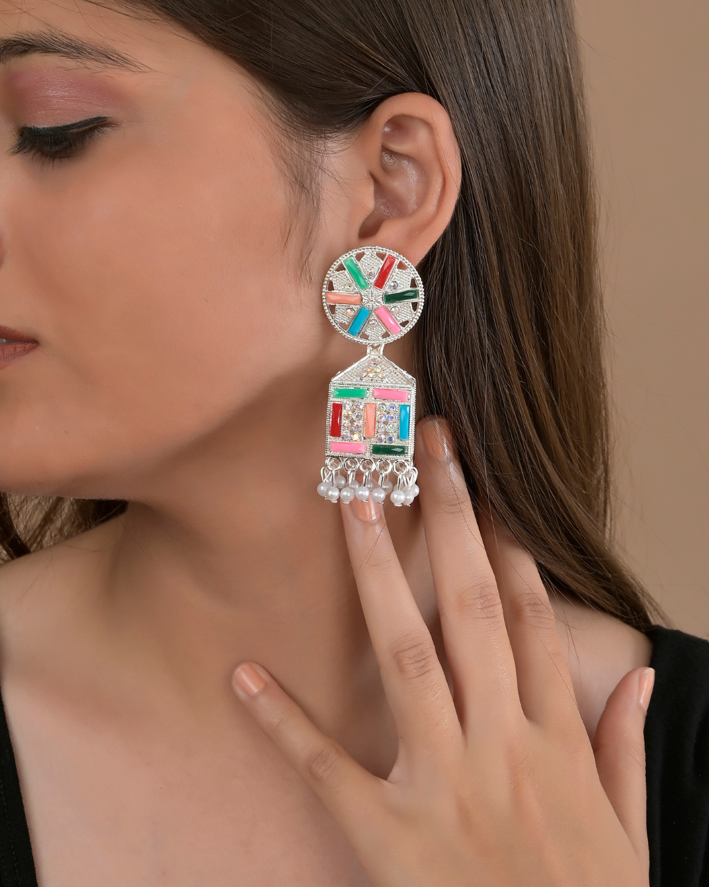 Handcrafted Multicolor Temple Drop Earrings with Pearl Detailing
