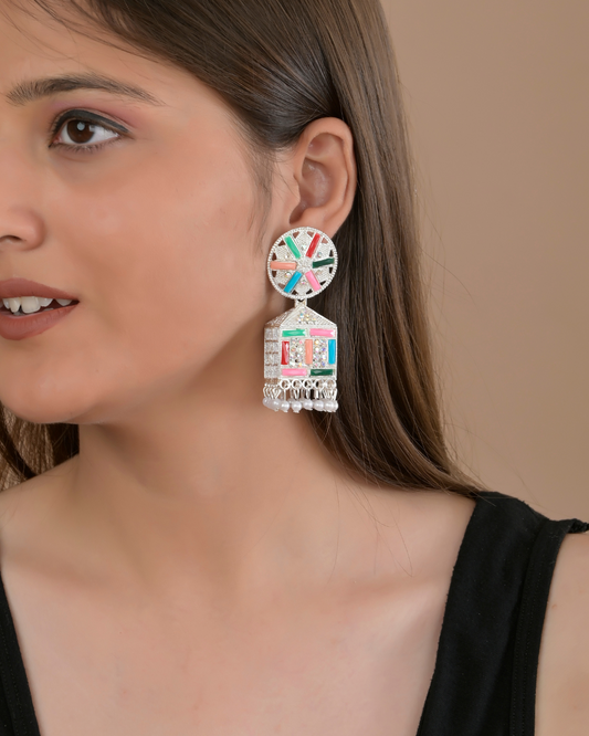 Handcrafted Multicolor Temple Drop Earrings with Pearl Detailing