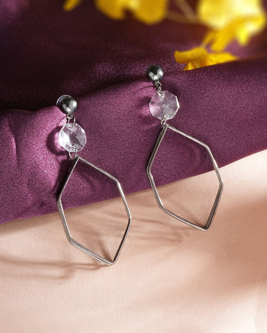 Crystal Hexa Frame Silver Drop Earrings