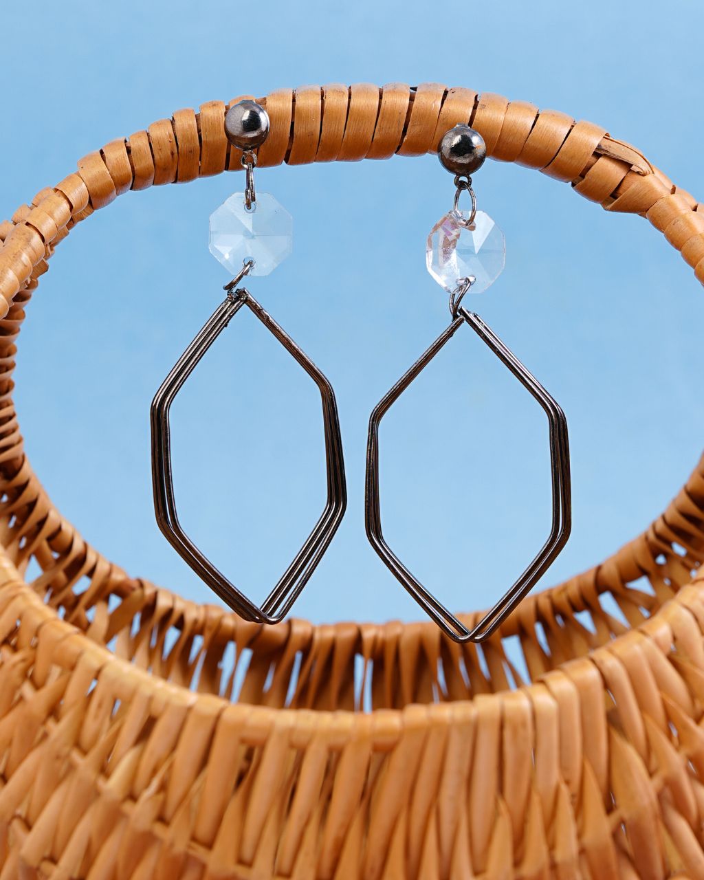 Crystal Hexa Frame Silver Drop Earrings
