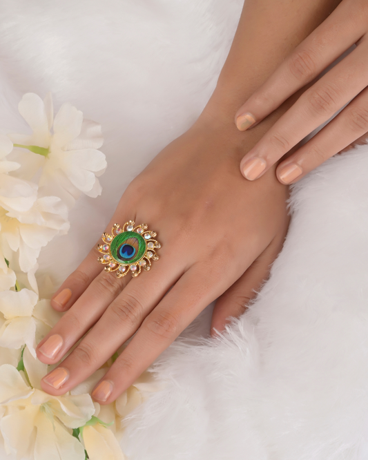 Peacock Feather Statement Adjustable Ring for Women