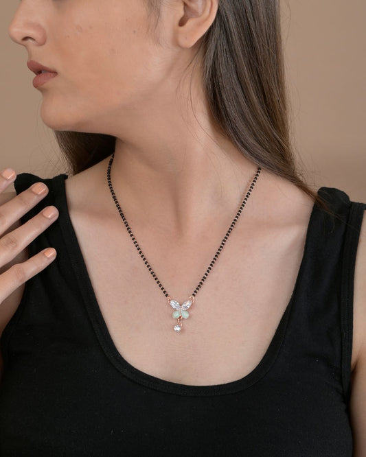 Rose Gold-Plated Butterfly Pendant Mangalsutra with Black Bead Chain