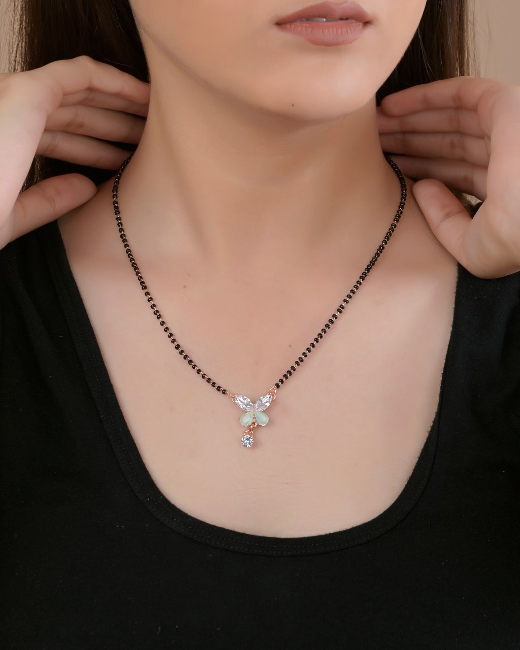 Rose Gold-Plated Butterfly Pendant Mangalsutra with Black Bead Chain