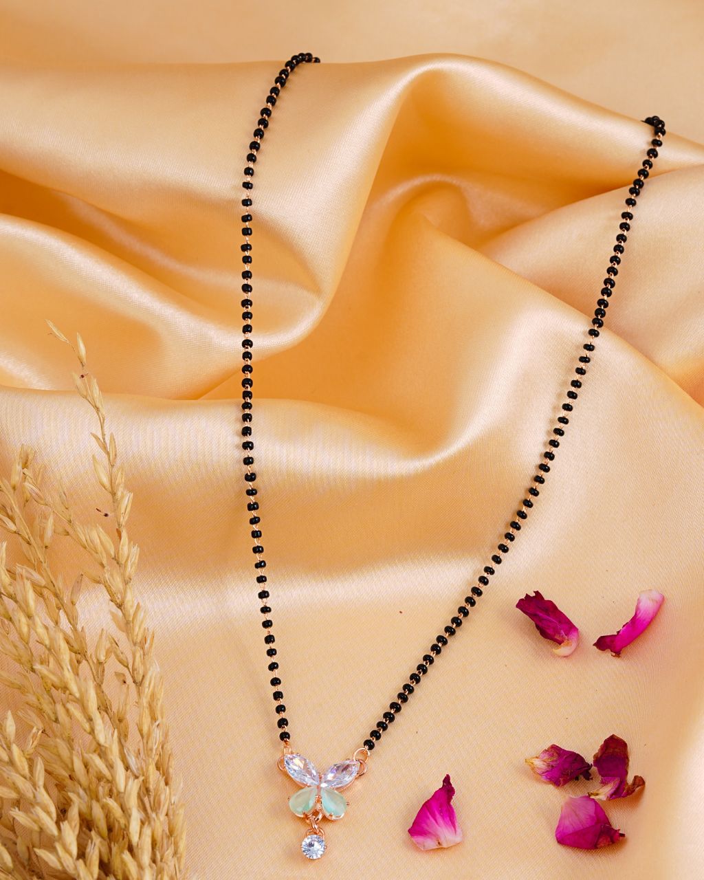 Rose Gold-Plated Butterfly Pendant Mangalsutra with Black Bead Chain