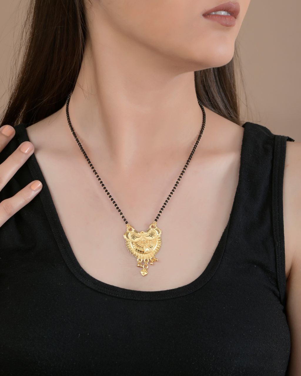 Traditional Gold-Plated Temple Pendant Mangalsutra with Black Bead Chain