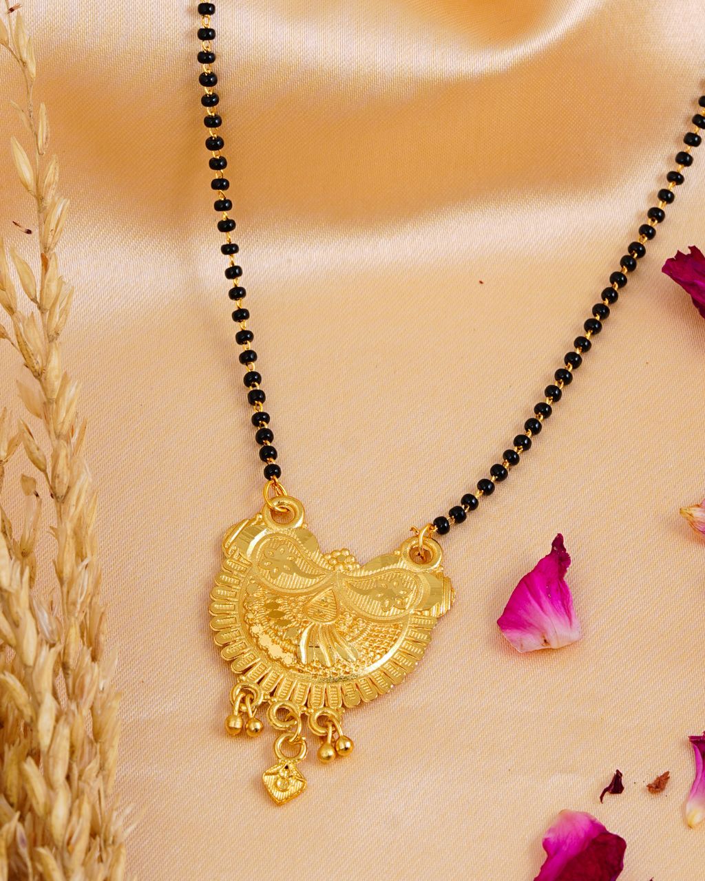 Traditional Gold-Plated Temple Pendant Mangalsutra with Black Bead Chain